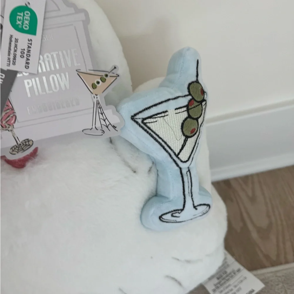 Plush Ghost Pillow with Martini Glasses - White
